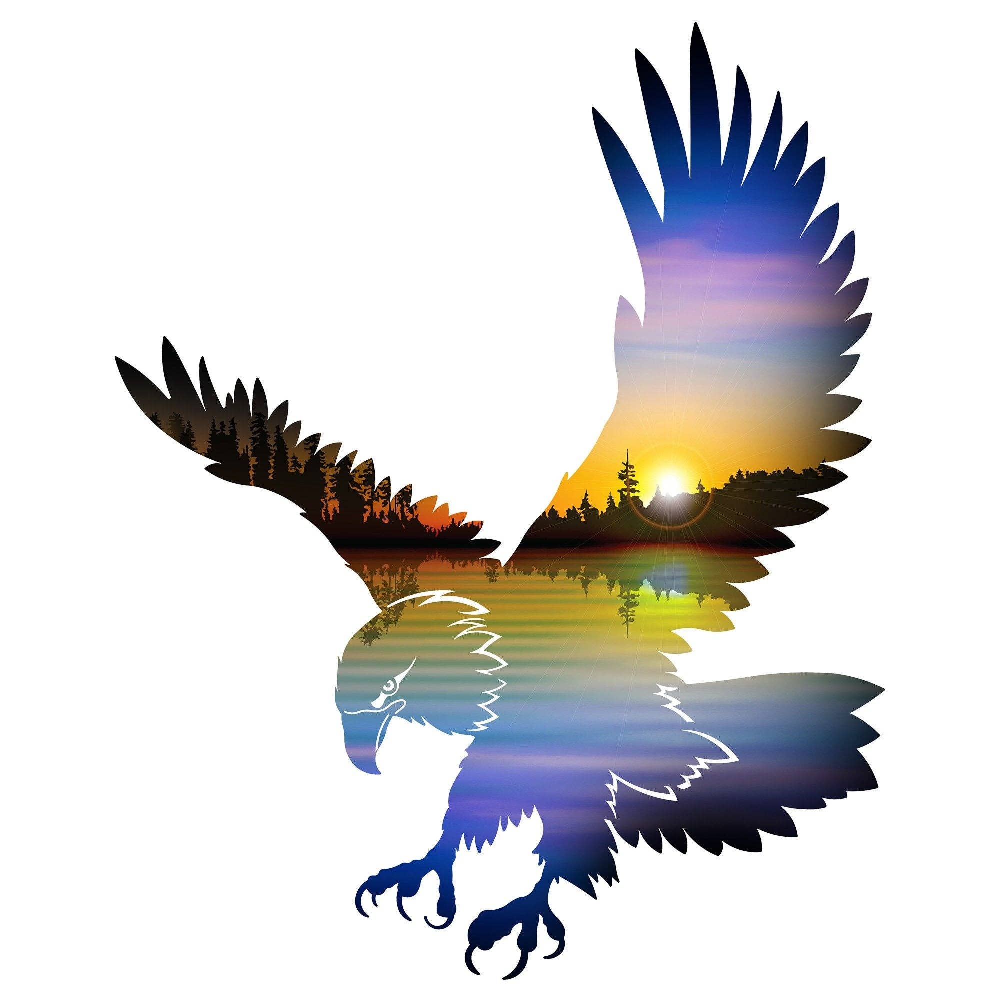 The Wall Decor: Eagle North Woods Metal Wall Art showcases a silhouette of an eagle soaring through a vibrant sunset landscape, featuring intricate trees within its design.