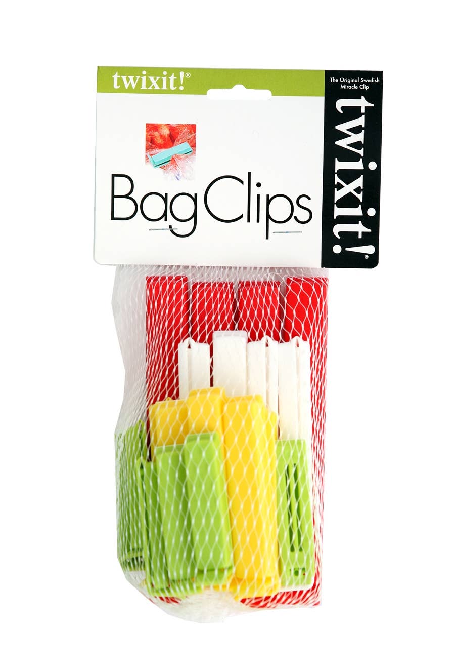 A set of Twixit bag clips—4 super, 4 large, 6 medium, and 6 small—in assorted colors and sizes, perfect for food storage, packed in a white mesh bag with a labeled cardboard header.