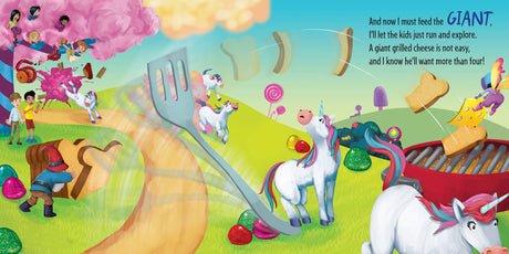 Children and unicorns frolic on a vibrant, whimsical hill alongside a cheerful garden gnome, while a giant fork flips slices of bread toward a big barbecue grill; overhead, “How to Catch a Garden Gnome by Alice Walstead & Leo Trinidad” from Sourcebooks appears in the sky.