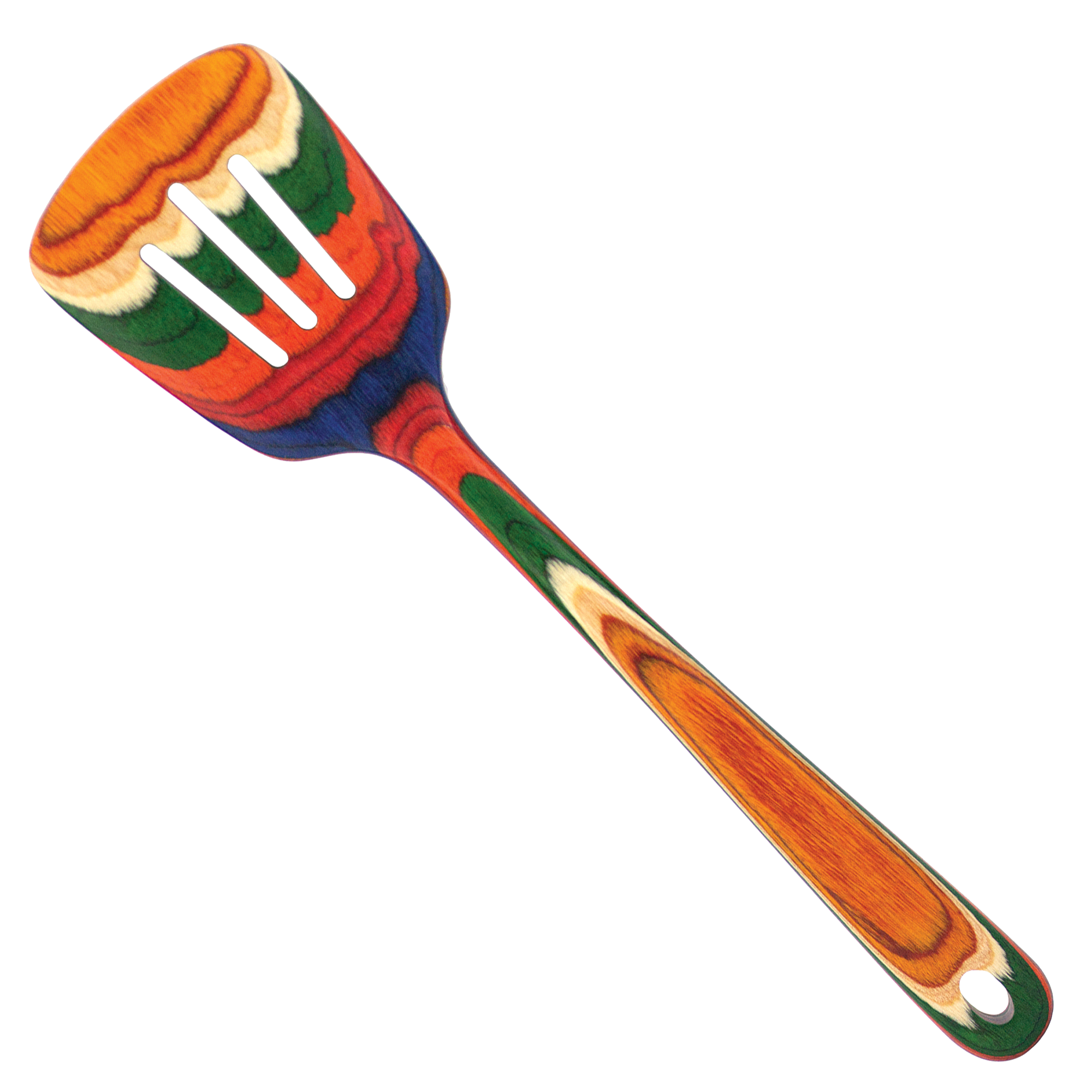 This multicolored slotted spatula from the Utensil: Marrakesh Collection features a forked head and a hole in the handle, showcasing vibrant layers of orange, green, red, and blue. It is perfect for use with non-stick utensils.