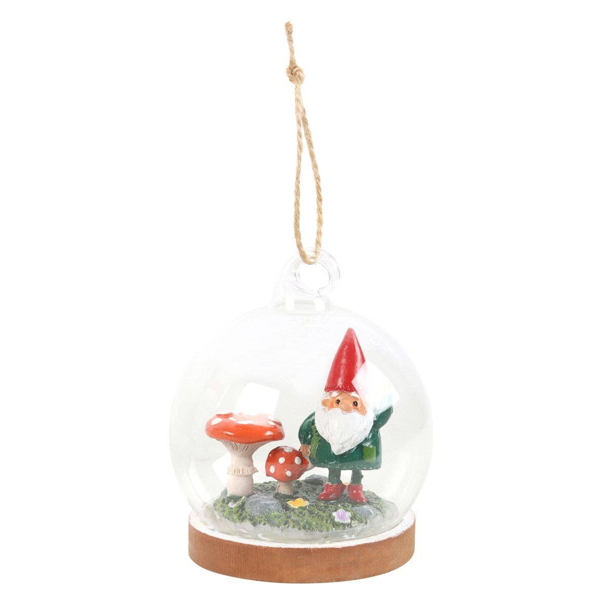 Introducing the Ornament: Gnome Glass Dome, featuring a delightful scene of a tiny gnome among mushrooms encased in glass and suspended from a string. This enchanting piece beautifully embodies the charm of Gnome Sweet Gnome, adding a magical touch to any environment.