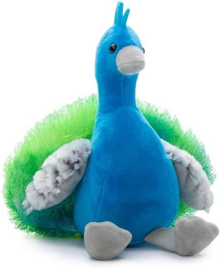 The Plush: Peacock Stuffed Animal 9 Tall Wild Onez features a blue body, green textured tail, grey feet and beak, and fluffy wings—crafted from recycled water bottle fiber for a soft, sustainable, eco-friendly plush.