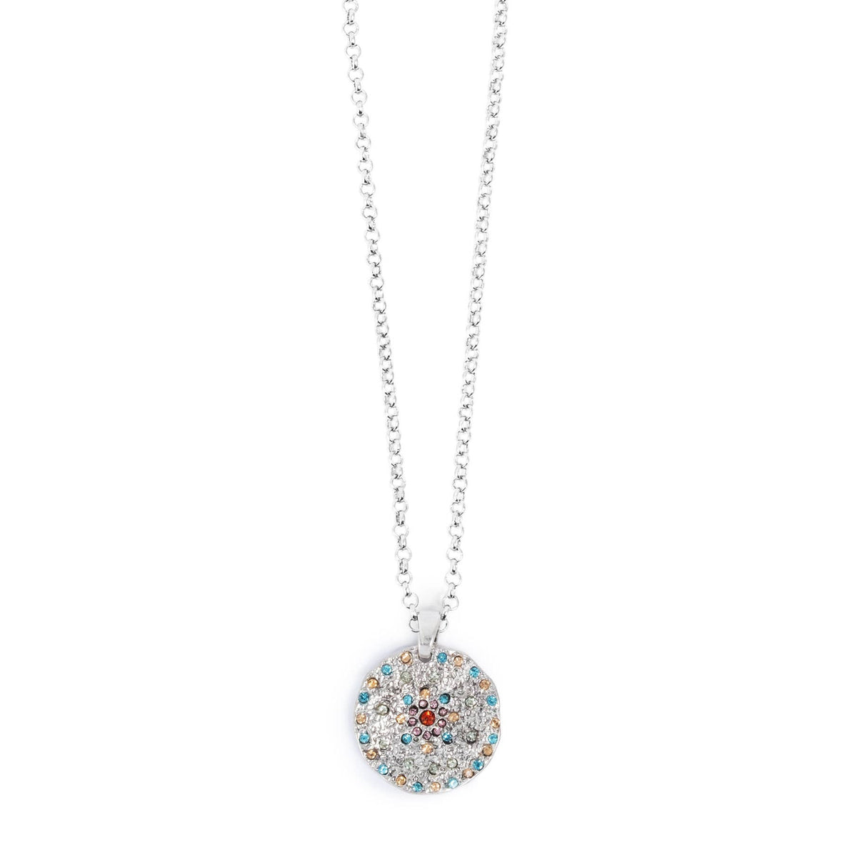 Part of the A&C Oslo Vibrance Collection, the Silver Coin Necklace features a round pendant with colorful stones on a delicate silver chain.