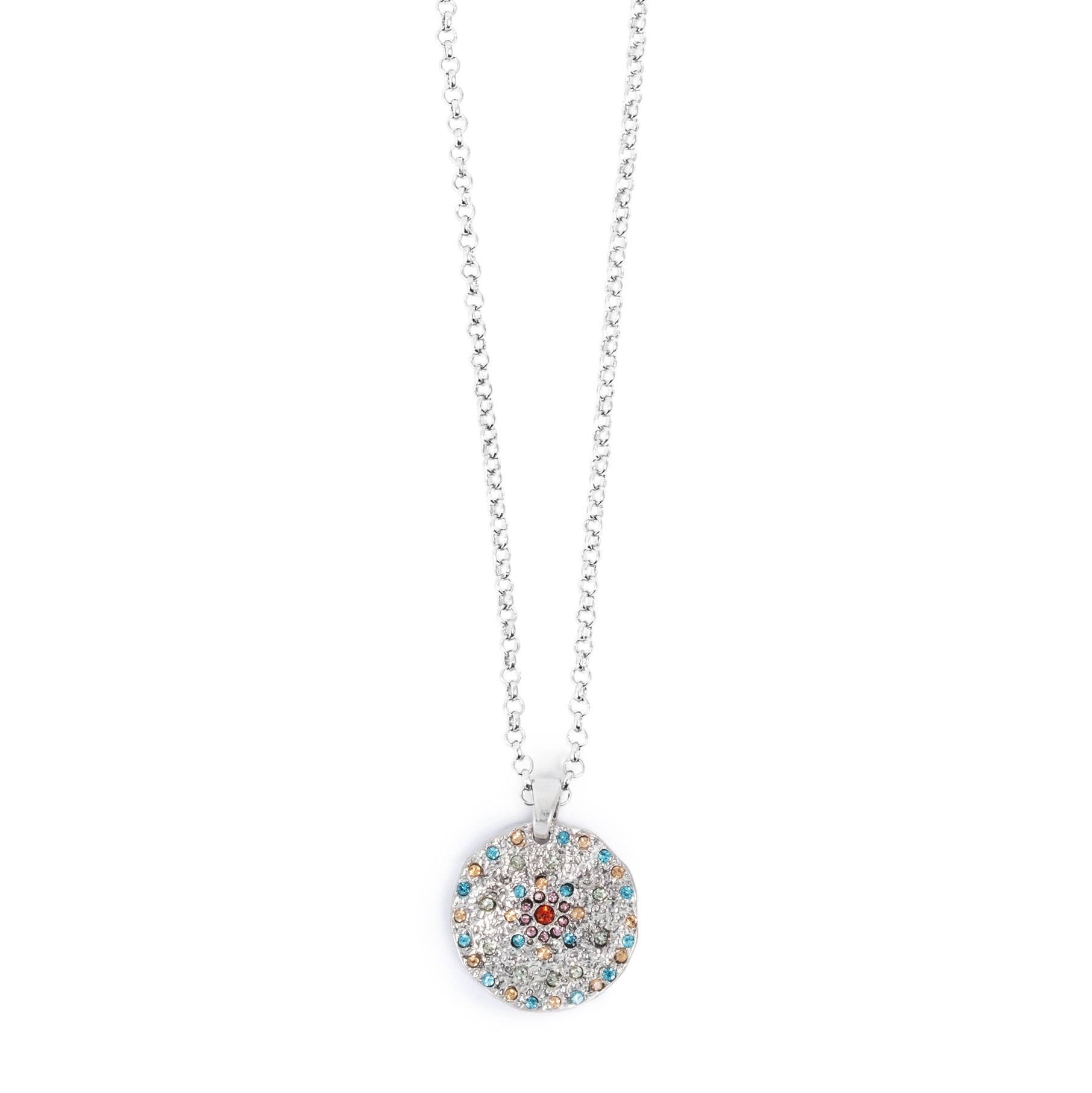 Part of the A&C Oslo Vibrance Collection, the Silver Coin Necklace features a round pendant with colorful stones on a delicate silver chain.