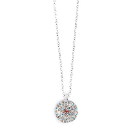 Part of the A&C Oslo Vibrance Collection, the Silver Coin Necklace features a round pendant with colorful stones on a delicate silver chain.