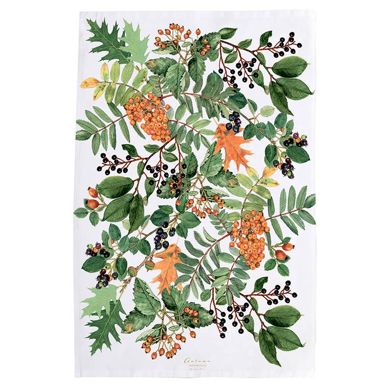 Enhance your kitchen décor with the Tea Towel: Autumn by Kirsten Tind Koustrup & Co, crafted from 100% organic cotton and showcasing a botanical design of green leaves with clusters of orange and dark berries on a white background.