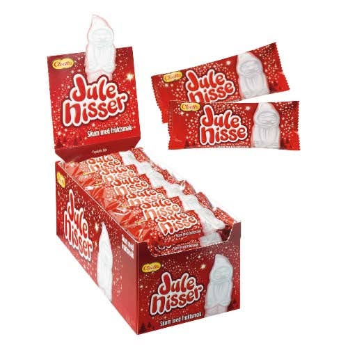 Indulge in the enchantment of Swedish Christmas with a 22g flowpack of Cloetta Juleskum candy. Each piece is adorned with individual red and white packaging featuring a Santa Claus design, delivering delightful marshmallow Santas in every bite.