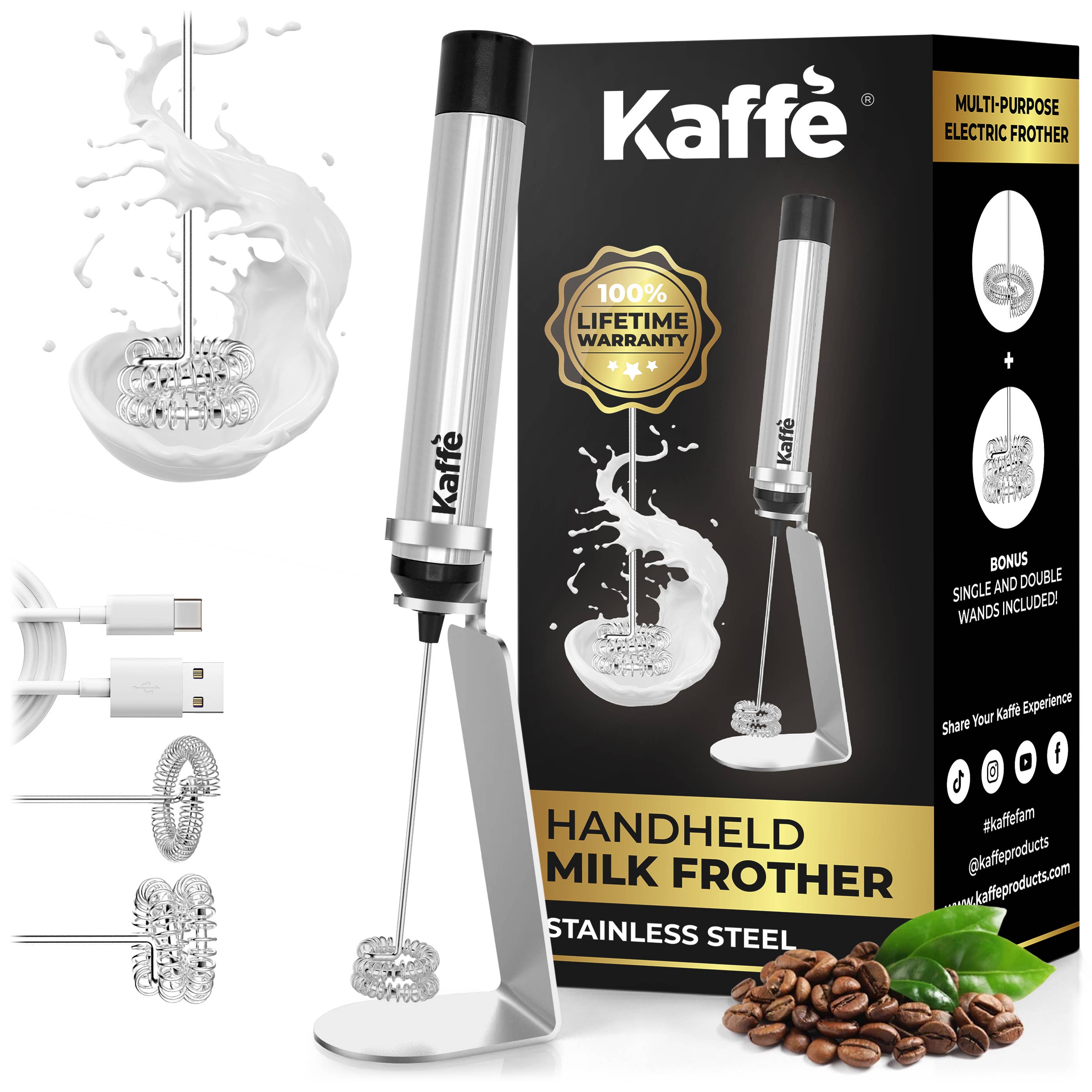 Kaffe Handheld Milk Frother with Stand – USB Rechargeable (Stainless Steel) comes with a whisk, stand, USB cable, extra heads, and a detailed packaging box; coffee beans are shown at the bottom right.
