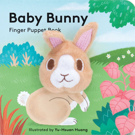Cover of Book: Baby Bunny Finger Puppet Book, featuring a plush bunny finger puppet set against an illustrated outdoor scene with grass, plants, and trees—a delightful board book for babies.