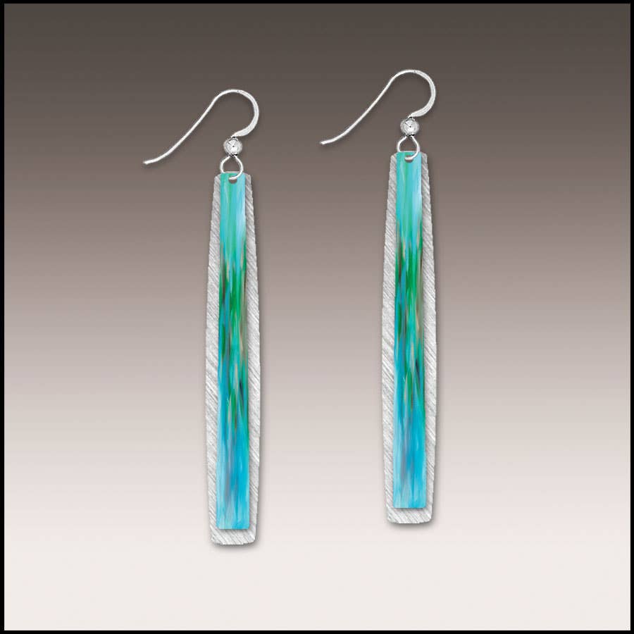 Add elegance to any look with Earrings: Aqua Abstract Icicle Multilayer Handmade Earrings—long, rectangular earrings featuring silver frames, blue-green gradient designs, hypoallergenic hooks, and a small clear bead accent.
