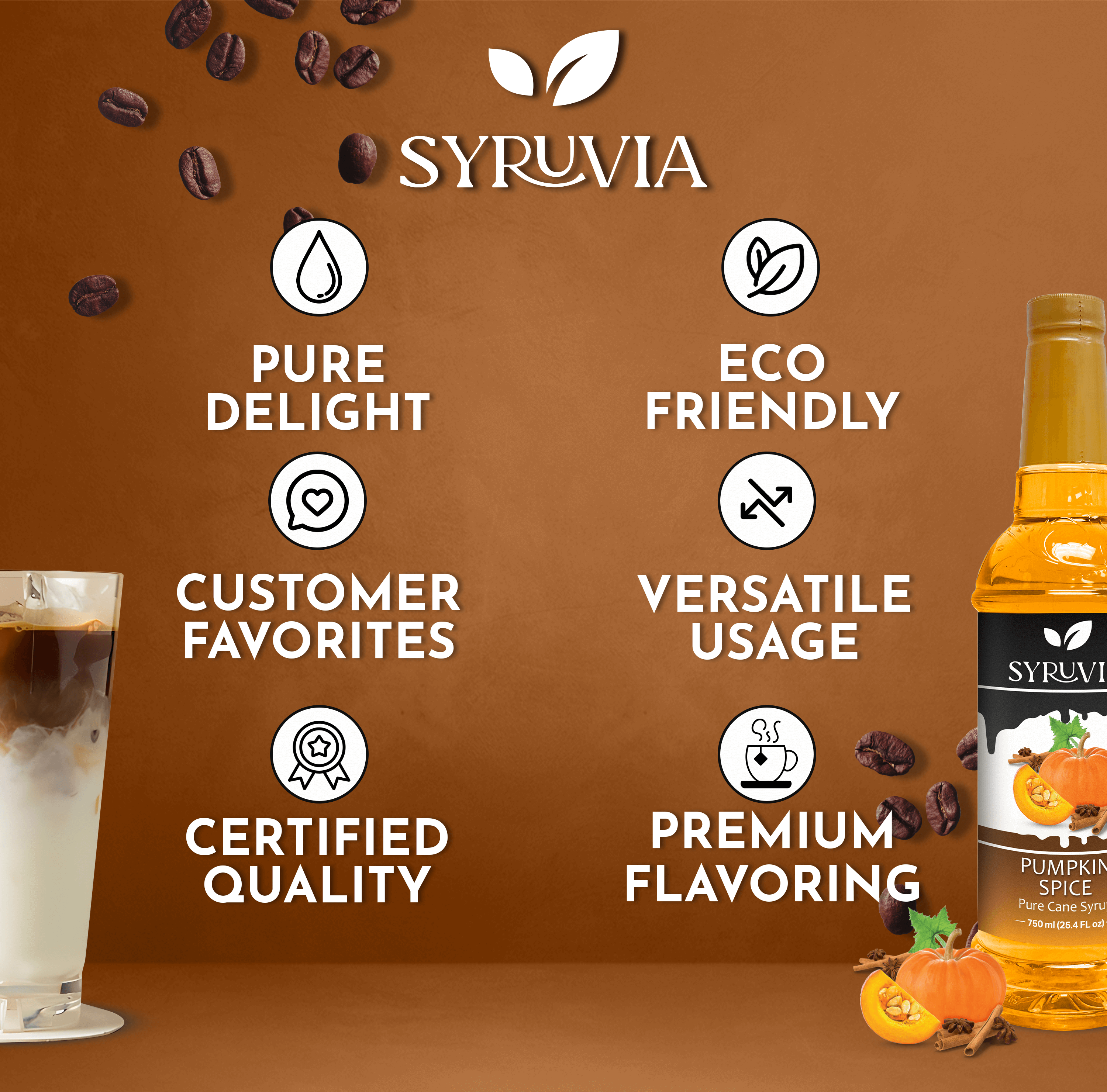 Syurvia Pumpkin Spice Coffee Syrup, made with pure cane sugar, offers premium flavor and certified quality. Eco-friendly and a customer favorite, it's perfect as a coffee syrup—versatile for drinks or desserts. Pure delight in every bottle!.