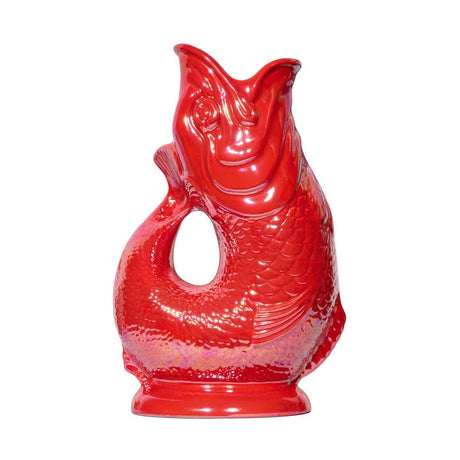 Add a splash of color to your table with the Faire - The Original Gluggle Jug Factory Gluggle Jug Lustre, made in Europe and shaped like a bright red fish with detailed scales and a curved tail handle.