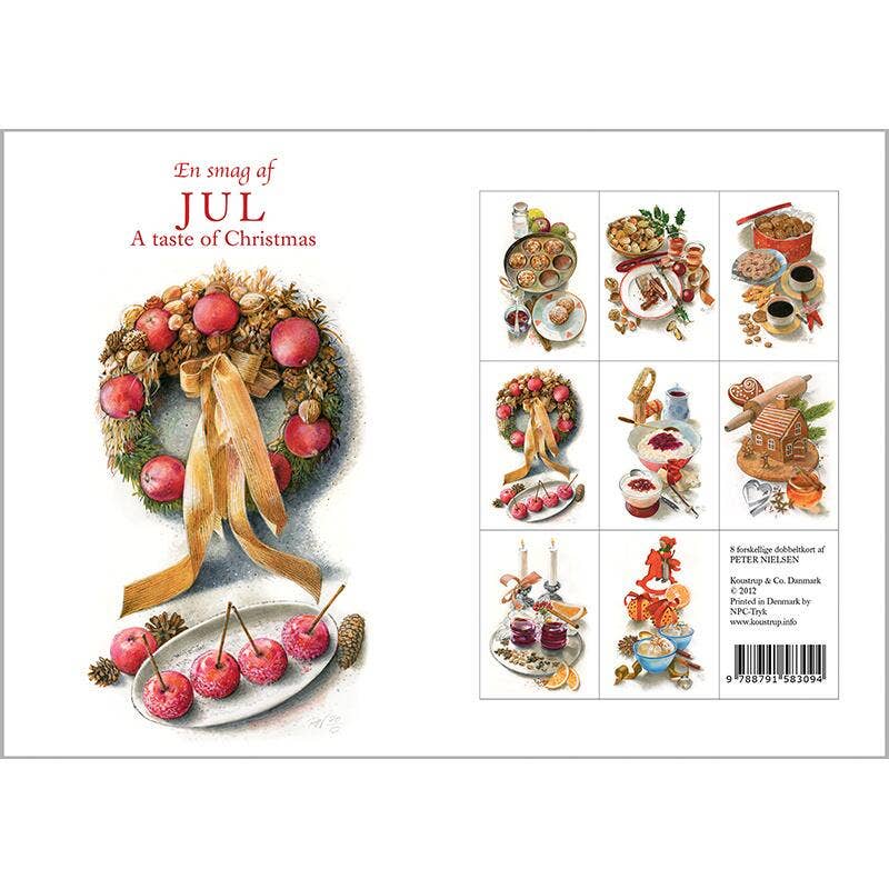 The "Card Pack: Jul A taste of Christmas 8 cards" showcases Christmas-themed illustrations such as a wreath, cherries, and various festive foods on environmentally certified paper. These double cards are convenient with a barcode and beautifully encapsulate cherished Christmas motifs.