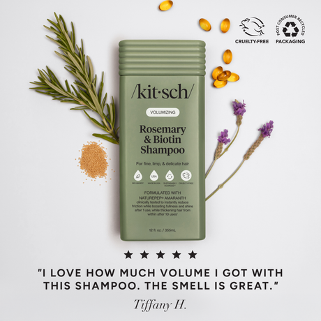 A green bottle of Kitsch Hair: Volumizing Rosemary & Biotin Shampoo 12oz is surrounded by rosemary, lavender, key ingredients, and certification icons, emphasizing its volumizing benefits with a customer testimonial below.