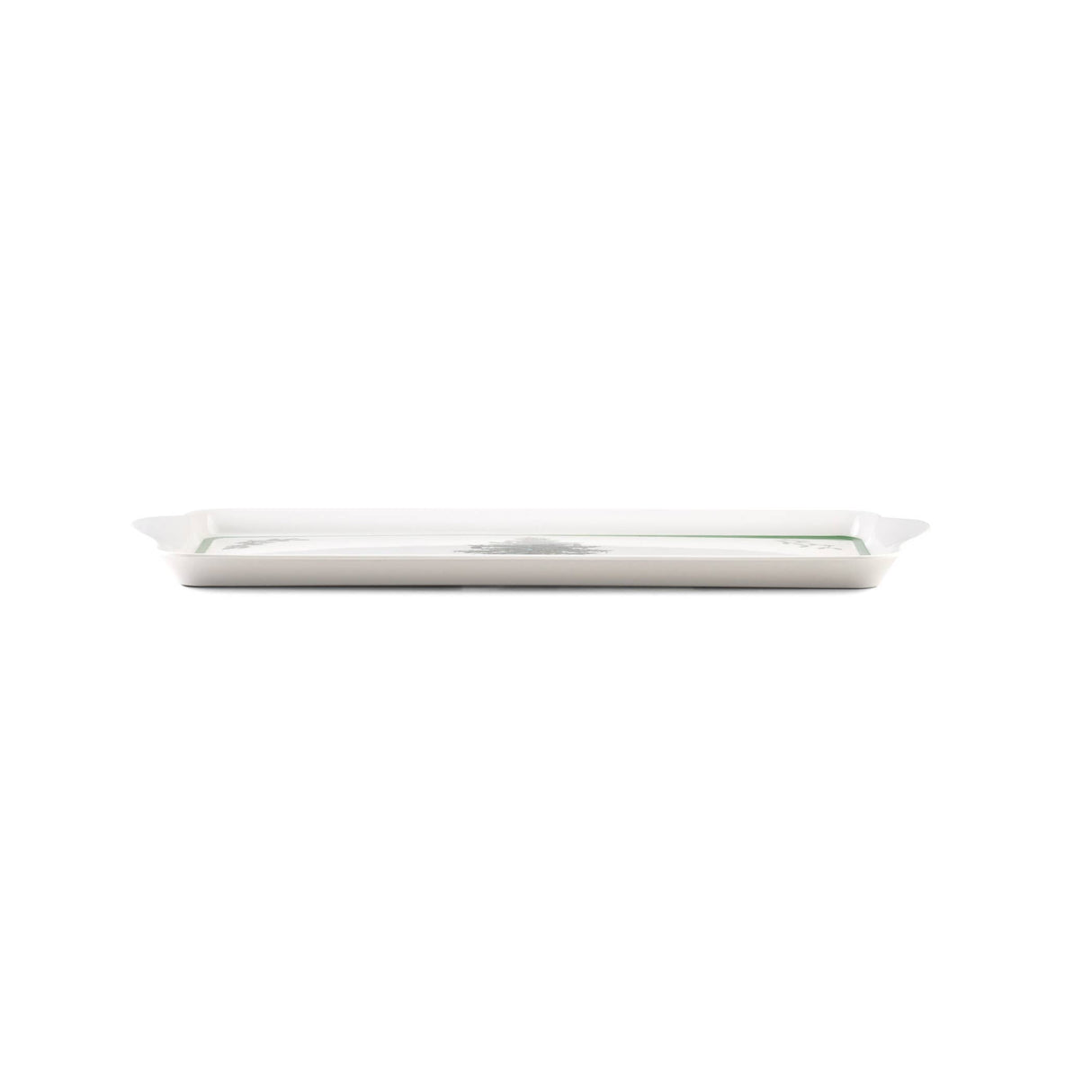 Rectangular white platter with slightly raised edges, shown from the side on a plain white background.