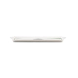 Rectangular white platter with slightly raised edges, shown from the side on a plain white background.