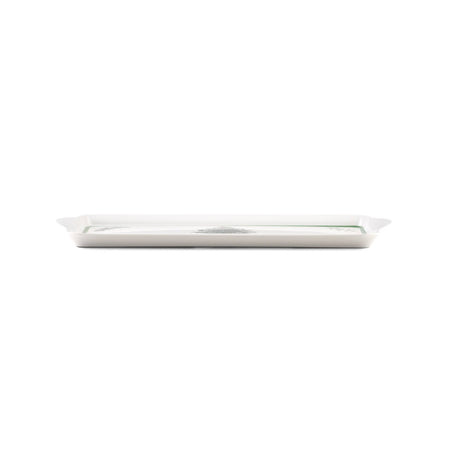 Rectangular white platter with slightly raised edges, shown from the side on a plain white background.