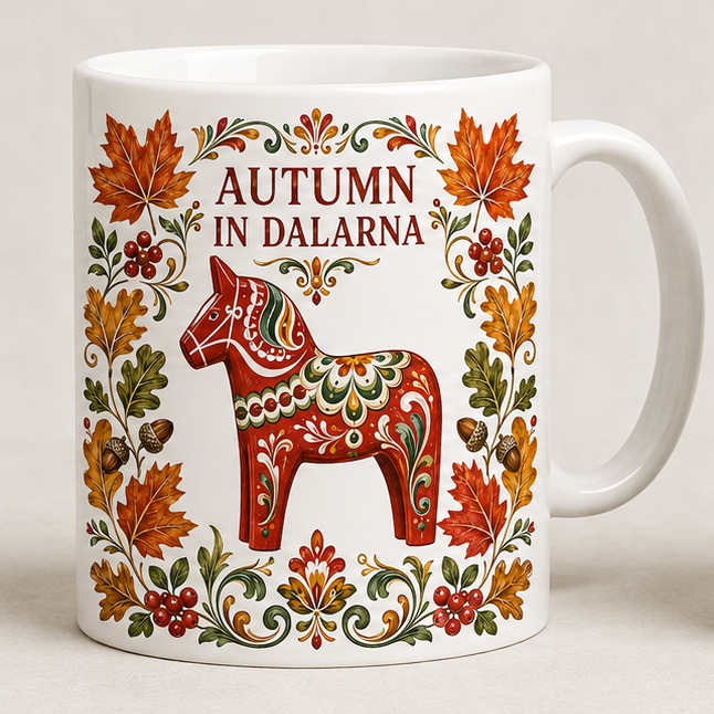 White ceramic mug with a red Dala horse, surrounded by leaves, berries, and acorns. The top rim has the text “AUTUMN IN DALARNA” in a decorative font.