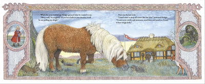 An illustration of a small brown horse with a white mane grazing near a wooden house, reminiscent of Jan Bretts style, features in Snowy Nap by Jan Brett. A character enjoys winter fun beside snow-dusted trees, with embedded text in the image.