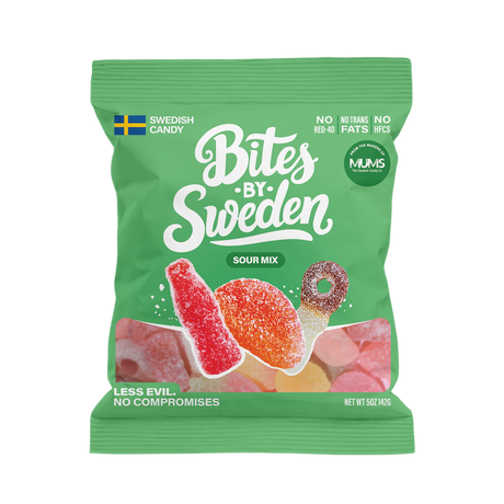 Green bag of sour candies with Swedish flag, colorful fruit illustrations, and visible text noting non-GMO ingredients.
