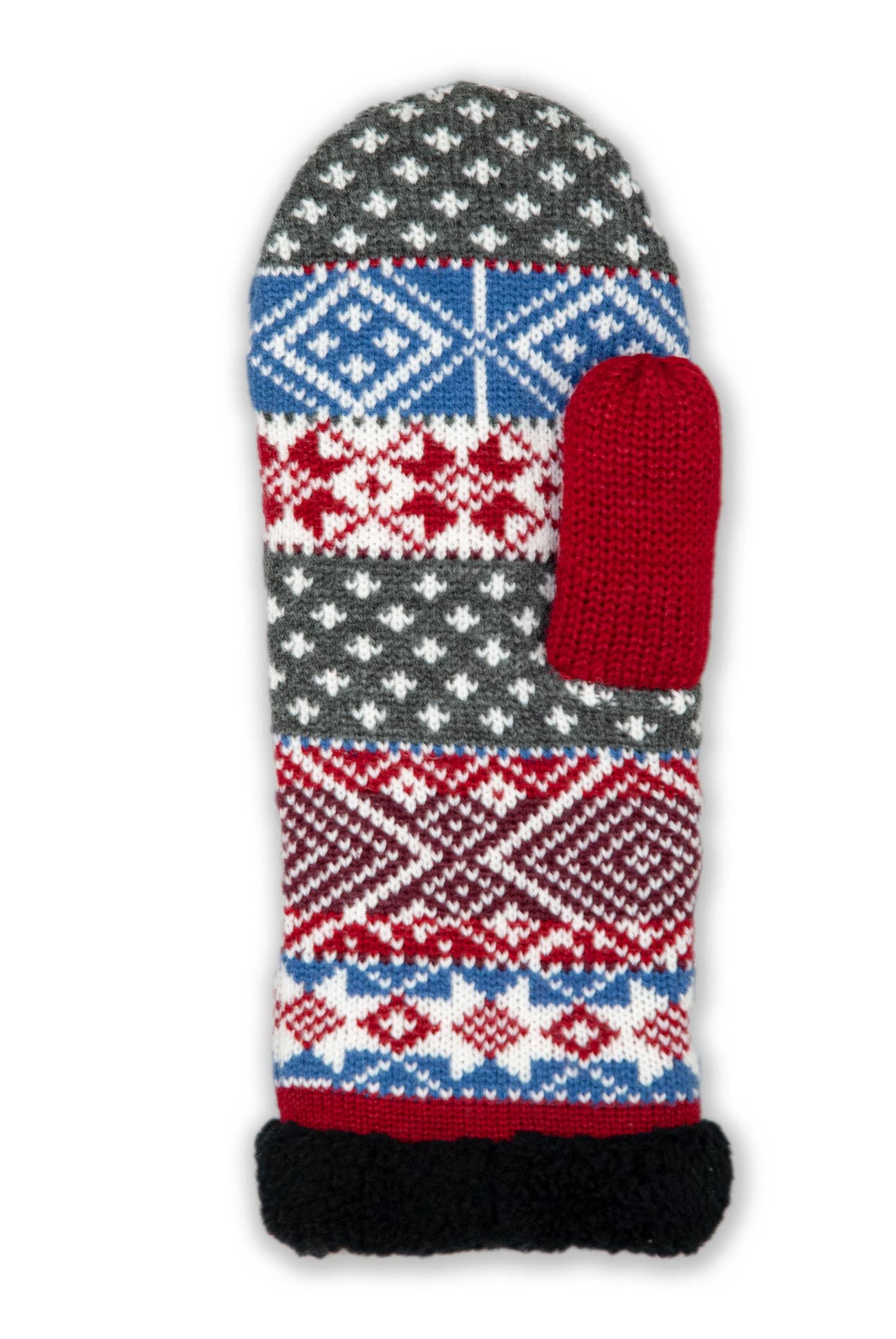 The Soppero Knit Mittens - Red, designed for adults, showcase vibrant geometric patterns in red, blue, gray, and white. With a red thumb and a knitted cuff, these Nordic pattern mittens are made from a warm and durable wool-acrylic blend.