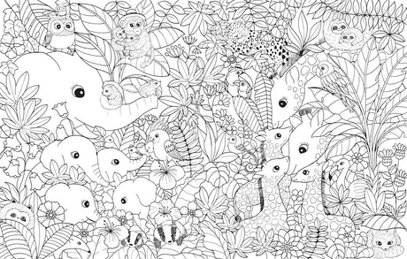 Line drawing of elephants, giraffes, a leopard, monkeys, birds, and owls in lush foliage—perfect for kids or adults who love baby animals. Inspired by A Million Baby Animals Coloring Book by Lulu Mayo.