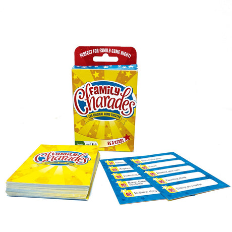The Playing Cards: Family Charades Card Game box features a travel-sized card game with cards arranged to showcase distinct phrases for players to act out during the game.