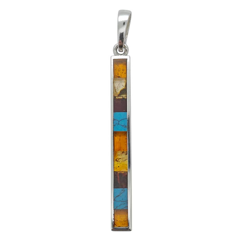 The Pendant: Multi-Color Mosaic Amber and Pressed Turquoise Stones in Silver Pendant features a vertical rectangular design with genuine Baltic amber, turquoise, and silver tones on a sterling silver frame with a loop for attaching to a chain.