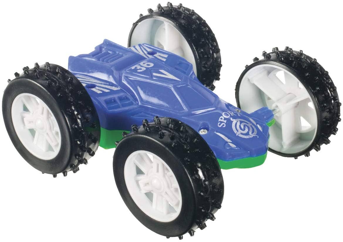 A blue Toy: Flip Car with all-terrain wheels and large black-and-white rims, emblazoned with the number 36 and the word "Sport" on the hood.