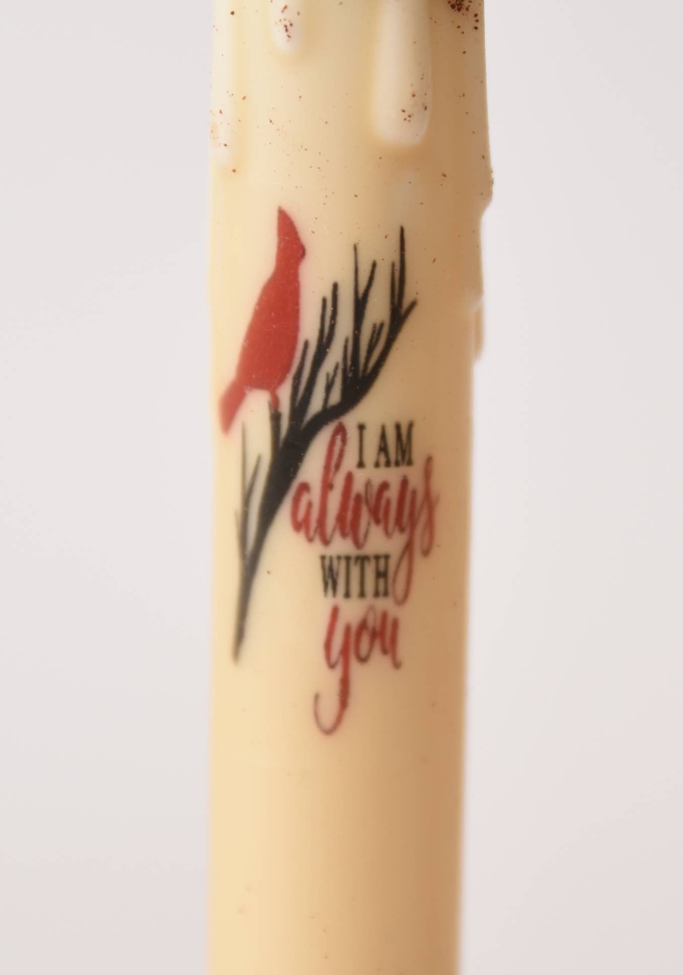 The Candle: I am Always with You Cardinal LED Timer Taper Candle (Cinnamon Dusted) features a red bird and comforting message—an ideal, battery-operated accent for your farmhouse décor.