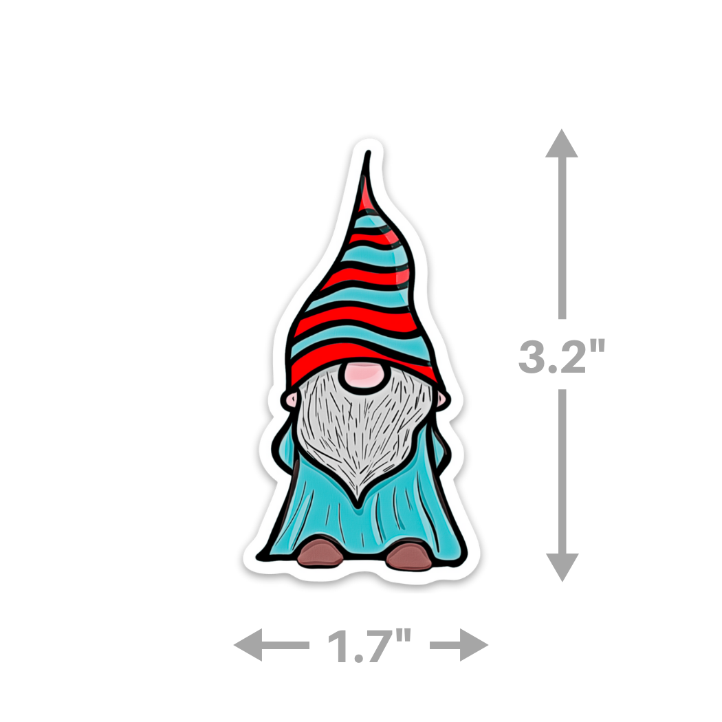 This charming "Sticker: Gnome III" features a hand-drawn gnome wearing a red and teal striped hat with a teal outfit, measuring 3.2 inches tall and 1.7 inches wide, making it an ideal vinyl sticker.