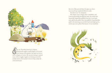 A page from Last Dragon in Moominvalley by Tove Jansson shows Moomintroll by a pond and the Last Dragon swimming, with enchanting illustrations and text above and below each image, true to Jansson’s classic style.