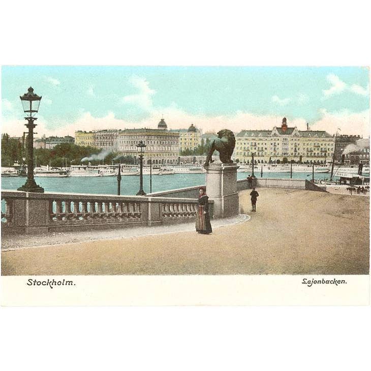 Post Card: Stockholm features a vintage illustration of a waterfront scene showcasing a bridge, a lamppost, and buildings set against a clear blue sky.