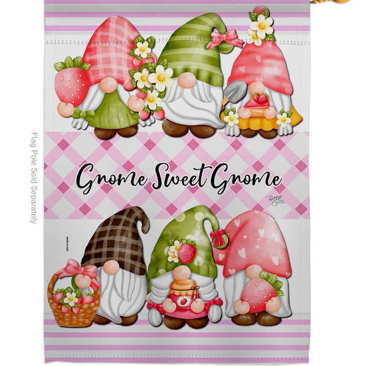 Flag: Gnome Sweet Gnome Garden Flag features six gnomes in pink and green hats with flower, fruit, and dessert accents above “Gnome Sweet Gnome” on a pink plaid background; ideal as weather-resistant garden or home decor.