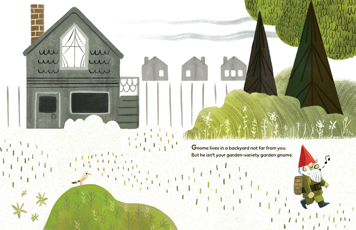 An illustrated garden gnome with a backpack and red hat explores grassy hills and houses, accompanied by text about the gnome. Inspired by "Book: There’s No Place Like Gnome’s" by Scott Magoon, New York Times Best Selling Illustrator.