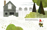 An illustrated garden gnome with a backpack and red hat explores grassy hills and houses, accompanied by text about the gnome. Inspired by "Book: There’s No Place Like Gnome’s" by Scott Magoon, New York Times Best Selling Illustrator.