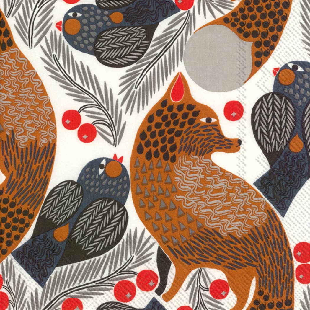 Marimekko Ketunmarja white cocktail napkins (20 per pack, 5"x5") feature a fox and blue birds with pine branches and red berries on crisp white 3-ply paper.