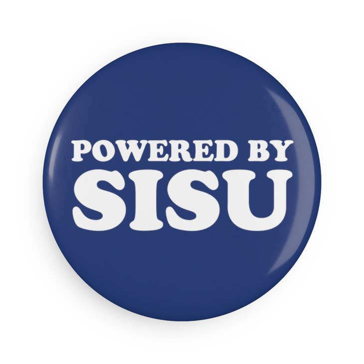 A blue, round magnet with a 2.25-inch diameter showcases the phrase "POWERED BY SISU" in clear white capital letters.