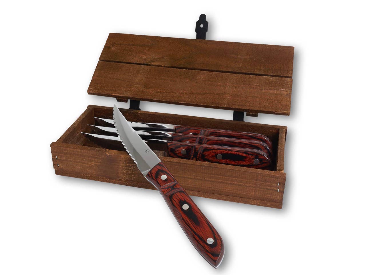 A Gense Old Farmer Steak knife XL Classic set shows four steel and wood steak knives with serrated blades in an open box, one knife placed in front.