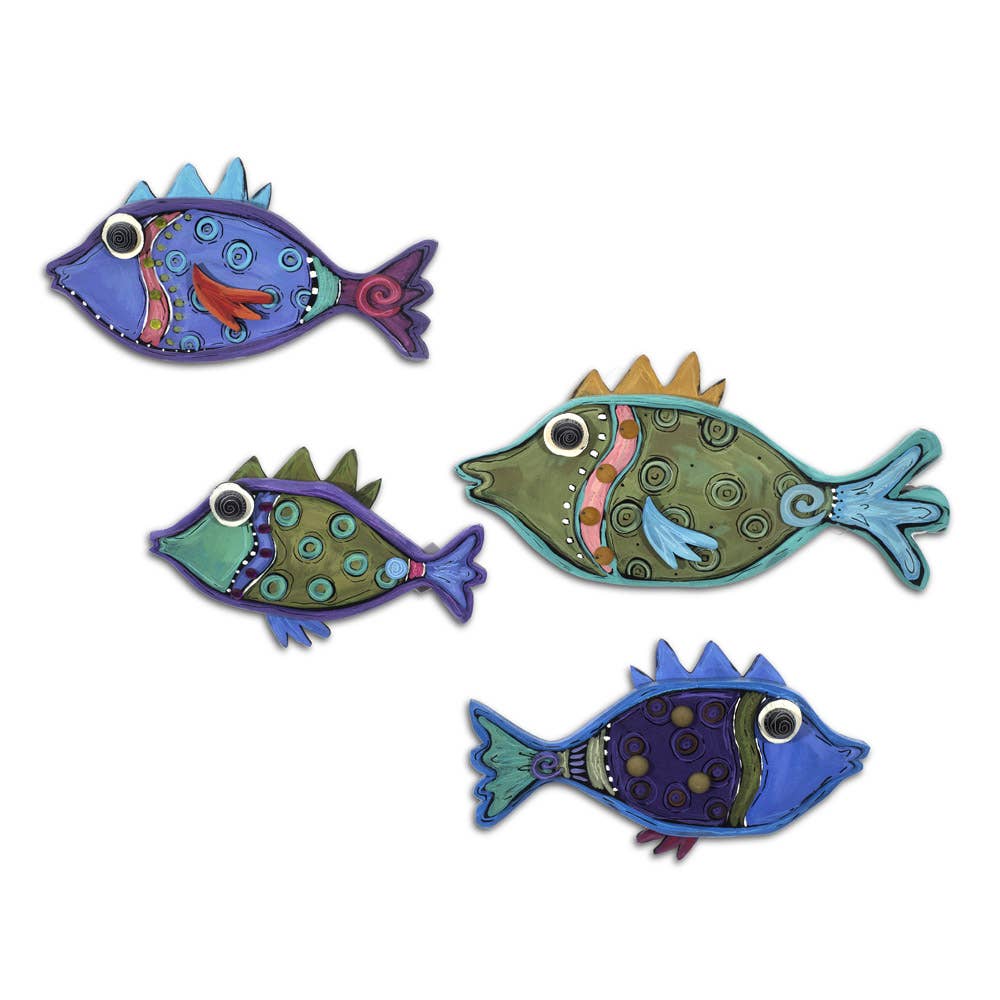 The "Artwork: Fat Fish (Small)" collection features four colorful, whimsical fish-shaped ceramic wall hangings adorned with varied patterns and vibrant hues on a plain white background, capturing the essence of E Drumm Design's signature style.