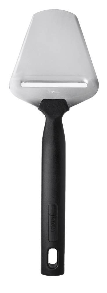 The Cheese Slicer: Swedish Cheese Plane for Hard Cheese features a stainless steel, flat triangular blade with a slot for slicing thin pieces of hard cheese and a black handle.