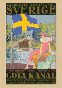 This fridge magnet showcases a vintage Swedish travel poster of a woman in pink near Göta Kanal, featuring a boat, the Swedish flag background, and promotional text for Göteborg and Stockholm. Perfect as a charming souvenir.