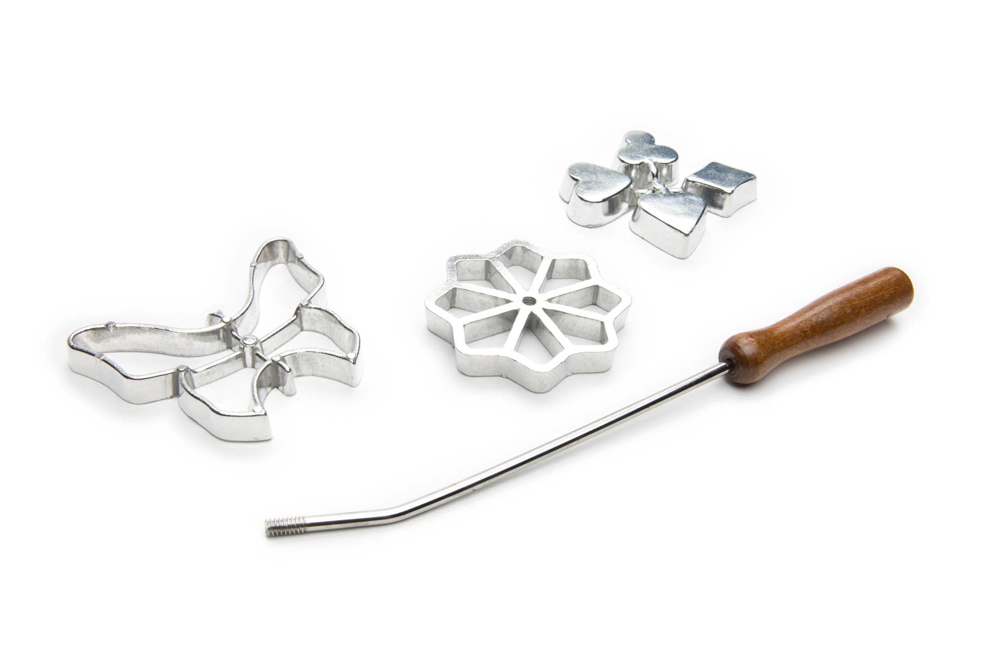 The Cookie Cutter: Rosette Set, Cast-Aluminum, 4-Piece Set includes butterfly, flower, and playing card molds plus a wooden-handled rod—ideal for making classic Scandinavian cookies.