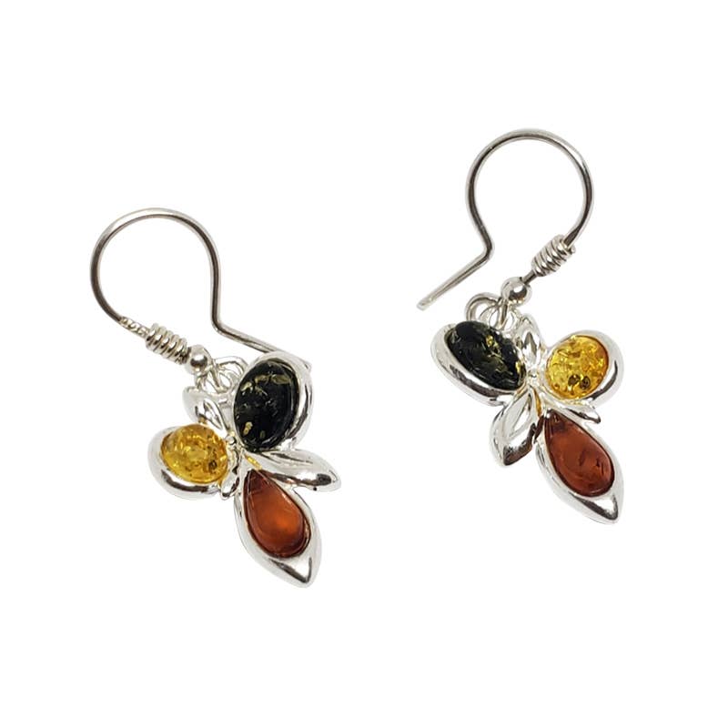 These sterling silver earrings feature butterfly shapes adorned with oval, round, and teardrop Baltic amber stones in captivating green, orange, and yellow hues.