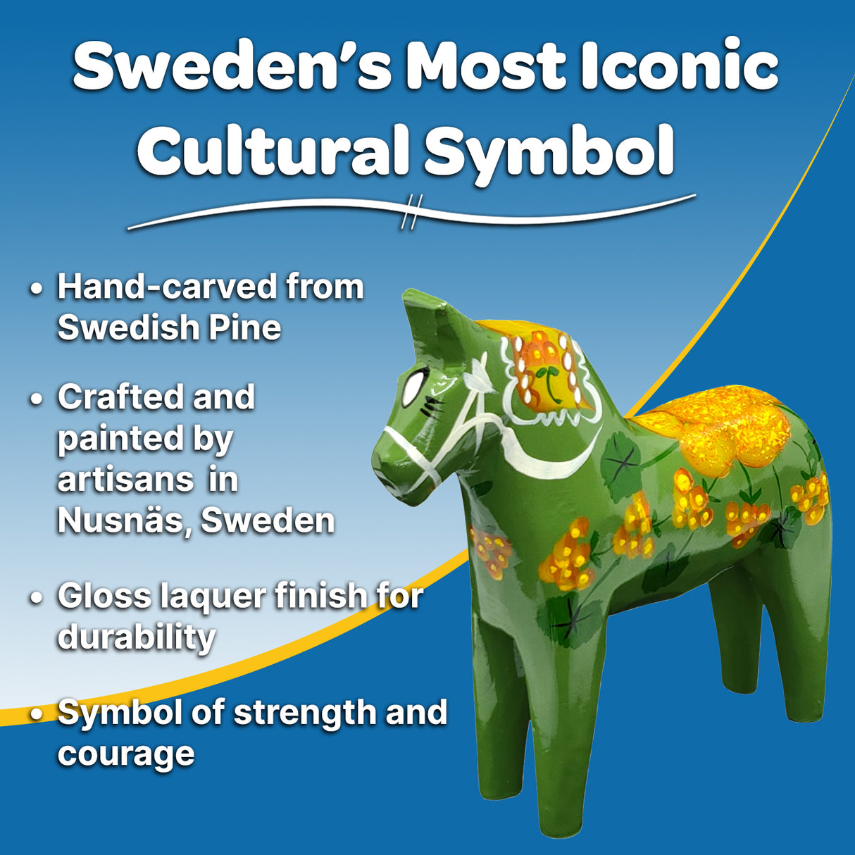 The Dala Horse: Salenhasten 13cm (5" tall) is a green, hand-carved and hand-painted Swedish cultural symbol featuring yellow and orange designs, a glossy lacquer finish, and is crafted in Nusnäs, Sweden.