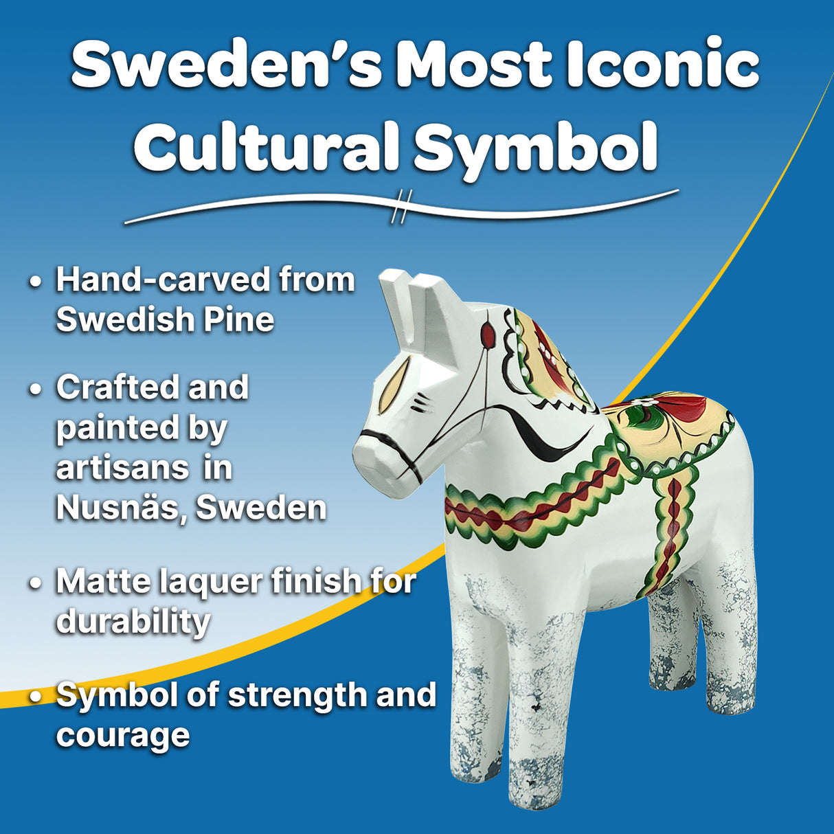 The Antique Inspired Swedish Dala Horse, white with gray feet (17cm), is Sweden's iconic symbol—hand-carved and painted to represent strength and courage.