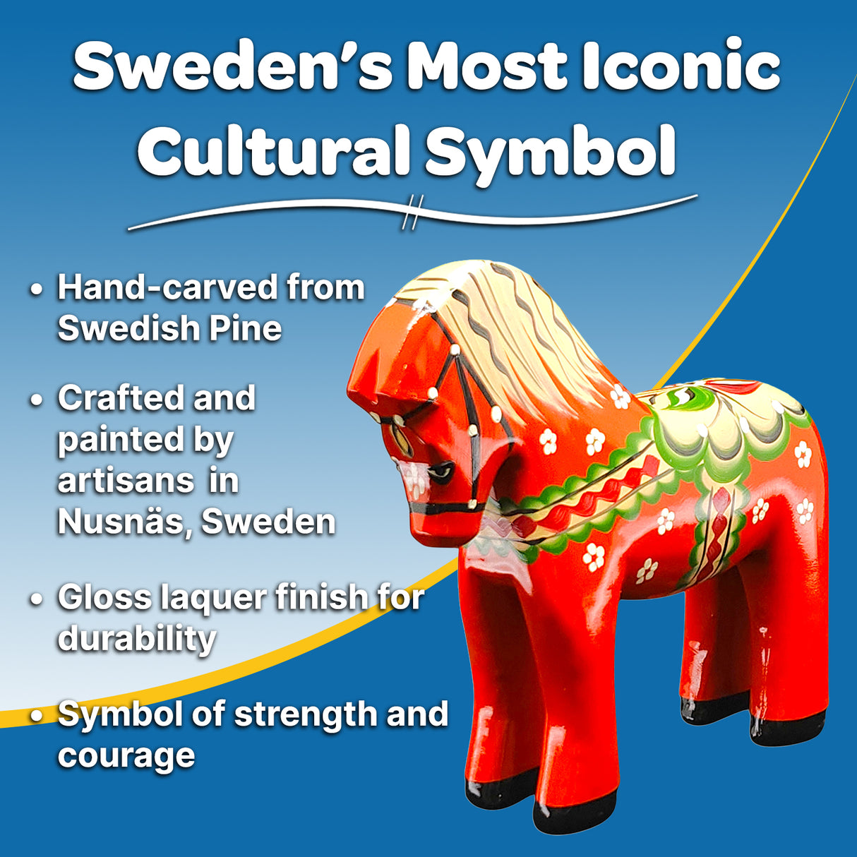The Dala Horse: Färnäshästen Red by Nils Olsson (14 cm), hand-carved in Sweden, features decorative patterns and a lacquer finish—symbolizing strength and courage.