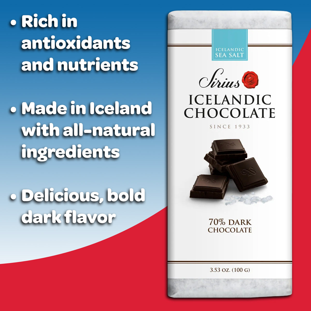 A Sirius Icelandic Chocolate 70% Dark Chocolate with Sea Salt (100g) is shown next to text emphasizing its antioxidants, bold dark flavor, and all-natural Icelandic ingredients.