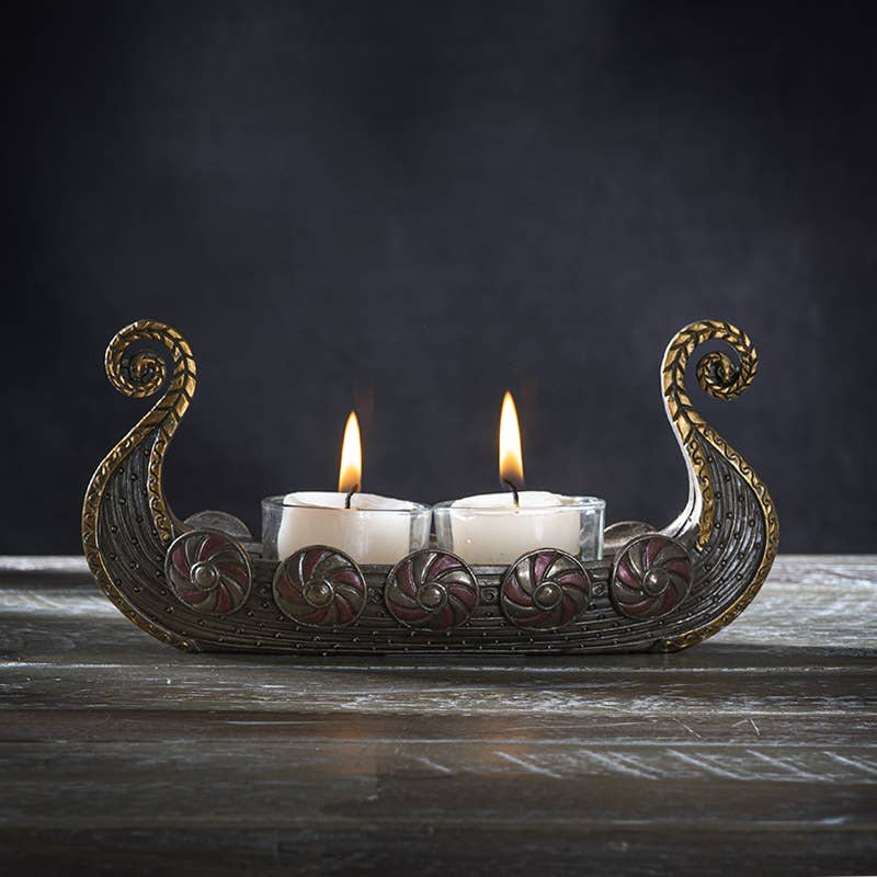 Candle Holder: Viking Ship Votive - Tea Lite Candle Holder - Bronze Resin with Two Glass Tea Lite Holders