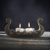 Candle Holder: Viking Ship Votive - Tea Lite Candle Holder - Bronze Resin with Two Glass Tea Lite Holders